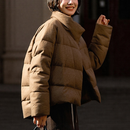 轻软暖！绒感羊毛立领龟背鹅绒服