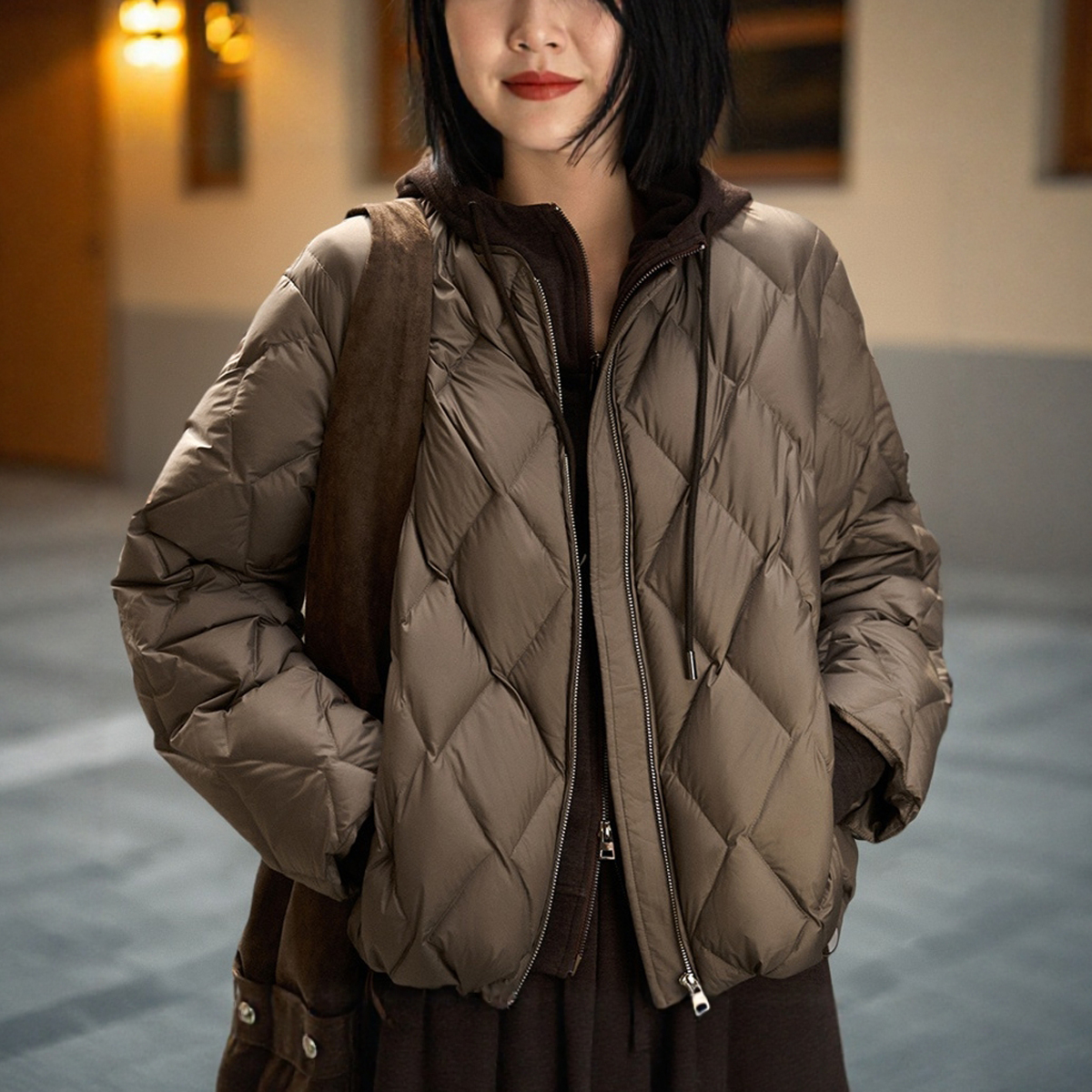 三防95白鹅绒菱形格子羽绒服外套