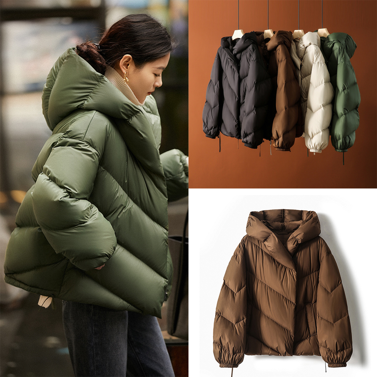 轻奢白鹅绒羽绒服连帽短款面包服