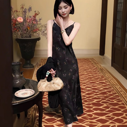 新中式国风！非遗香云纱全真丝吊带长裙夏季数码印花桑蚕丝连衣裙