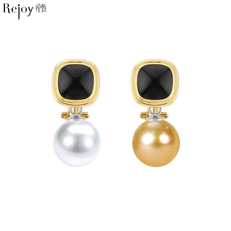 悦甄两戴款玉塔-18K金和田玉黑青玉耳夹