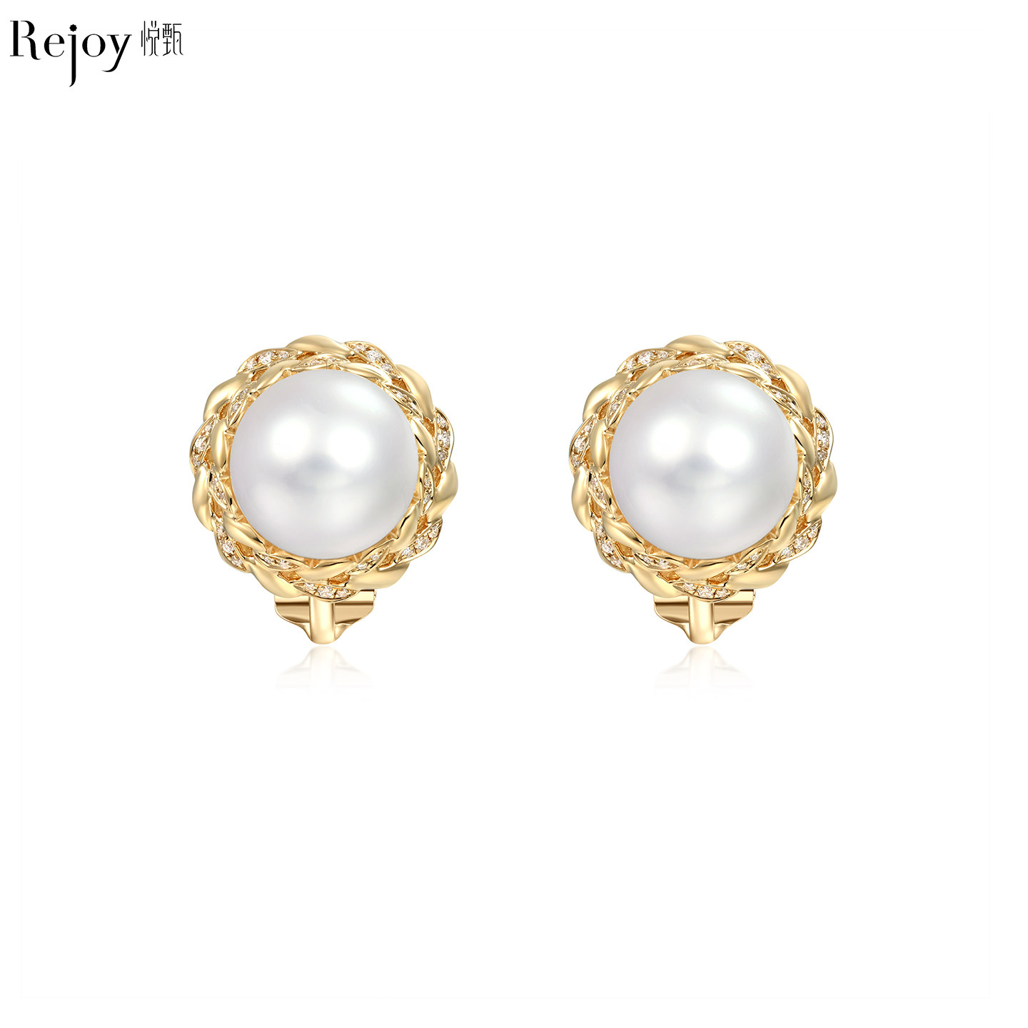 悦甄18K金南洋澳白珍珠钻石无痛耳夹女无耳洞耳钉耳饰耳环香风