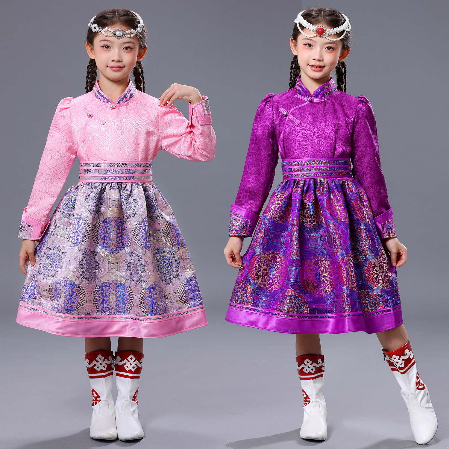 儿童蒙古袍女童粉色提花民族风连衣裙六一演出服蒙古族舞蹈服