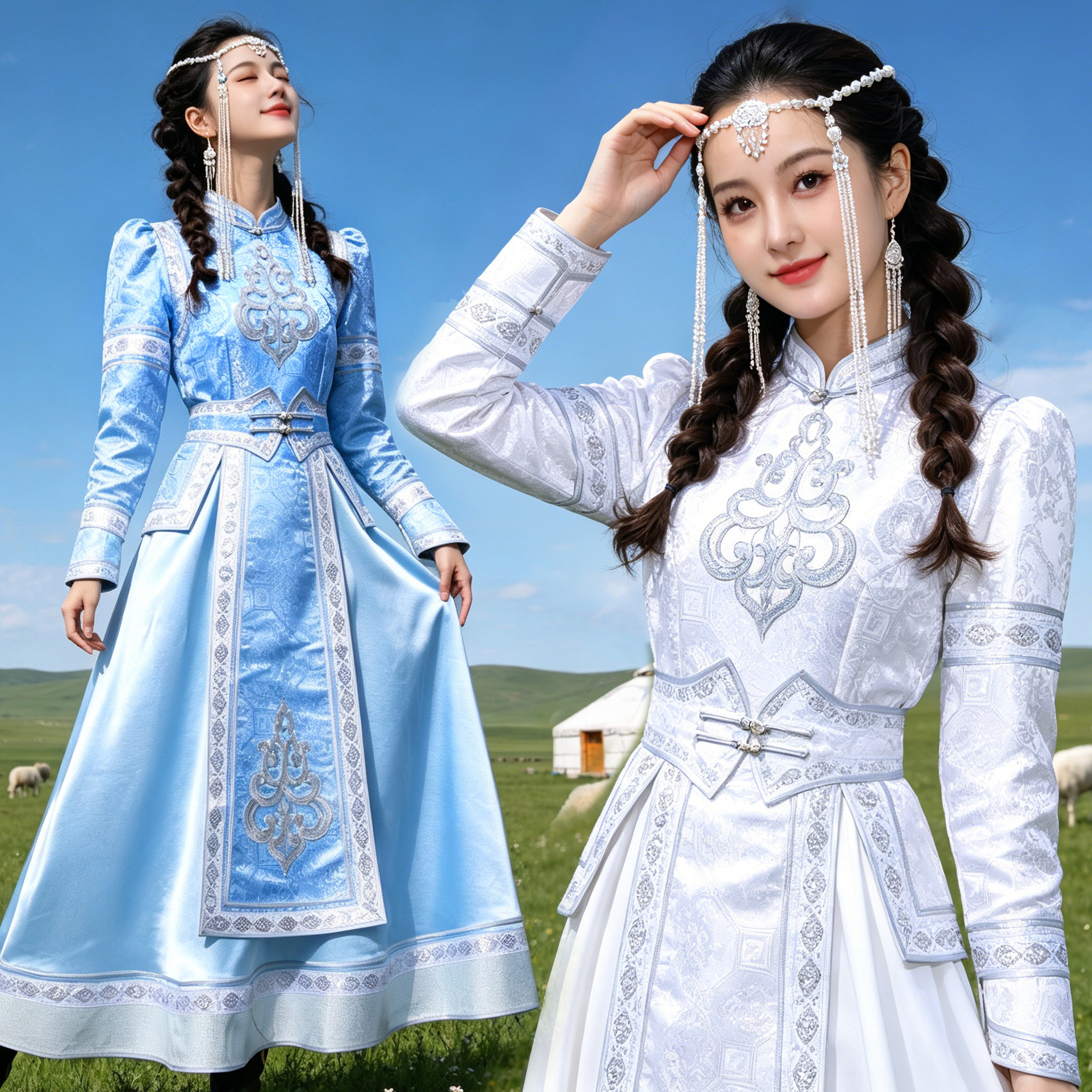 蒙古族女刺绣蒙古袍旅拍礼服