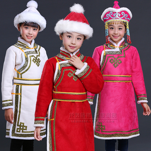 儿童蒙古袍冬季加棉加厚款蒙古族女童连体服装少数民族演出服仿皮