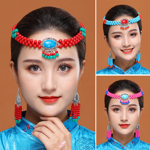 蒙古族舞蹈演出头饰耳环女士手工串珠珠民族舞蹈发饰蒙古服装配饰 - 封面