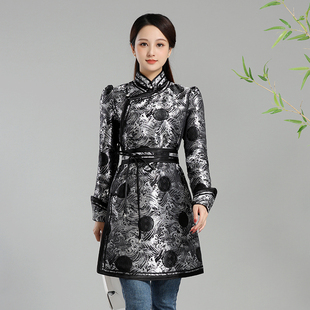 蒙古族服装女士连衣裙改良中长款蒙古袍时尚海浪花纹织锦缎民族服