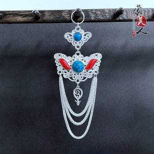 蒙古族胸挂民族风男女通用合金仿银流苏胸针蒙古袍挂镶嵌马甲装饰