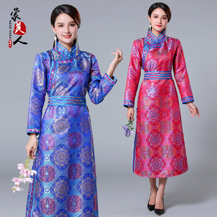 蒙古服装女长款传统蒙古袍手工盘扣蒙古族舞蹈演出服少数民族服饰