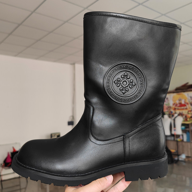蒙古族靴子男款少数民族风男靴皮靴日常蒙靴中筒黑色耐磨蒙古元素