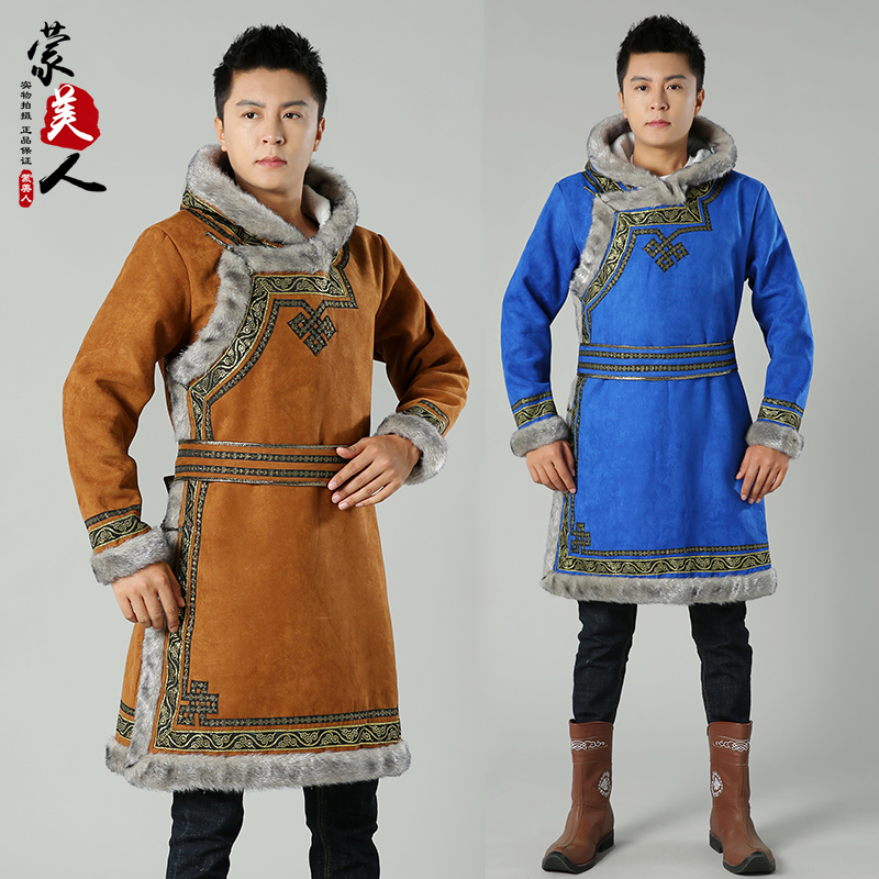 秋冬加绒蒙古元素服装厚男手工盘扣传统中长保暖蒙古袍日常生活装