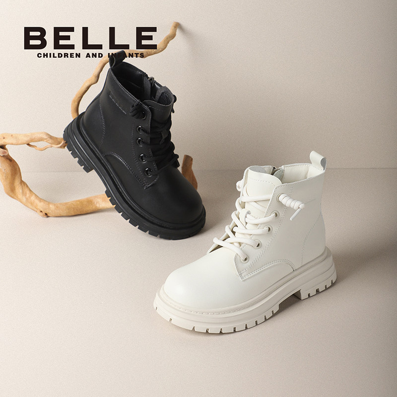 百丽童鞋儿童黑色靴子秋冬加绒保暖短靴女童马丁靴时尚英伦风皮靴