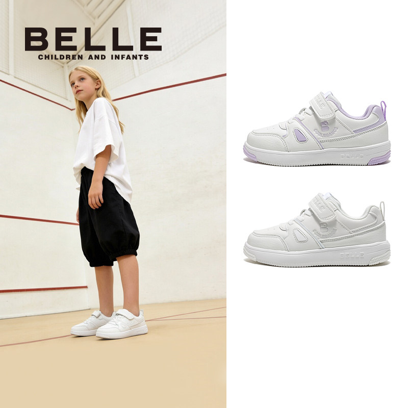 百丽儿童运动鞋女童网布透气魔术贴休闲鞋白色板鞋学生百搭小白鞋