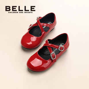 百丽童鞋2026春季新款女童玛丽珍鞋法式复古红色搭扣平底单鞋皮鞋
