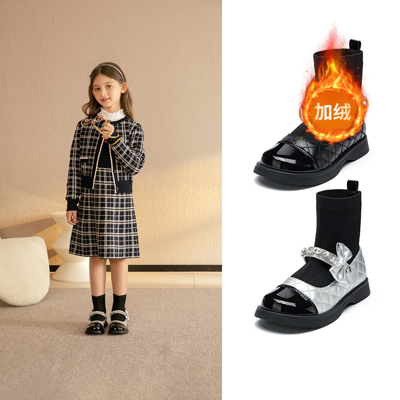 百丽童鞋加绒女童皮靴厚底玛丽珍袜子靴魔术贴短靴拼接公主靴子新