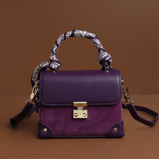 女包包 手提斜跨包高级感贵妇复古真皮时尚 紫色包包女式 2024新款