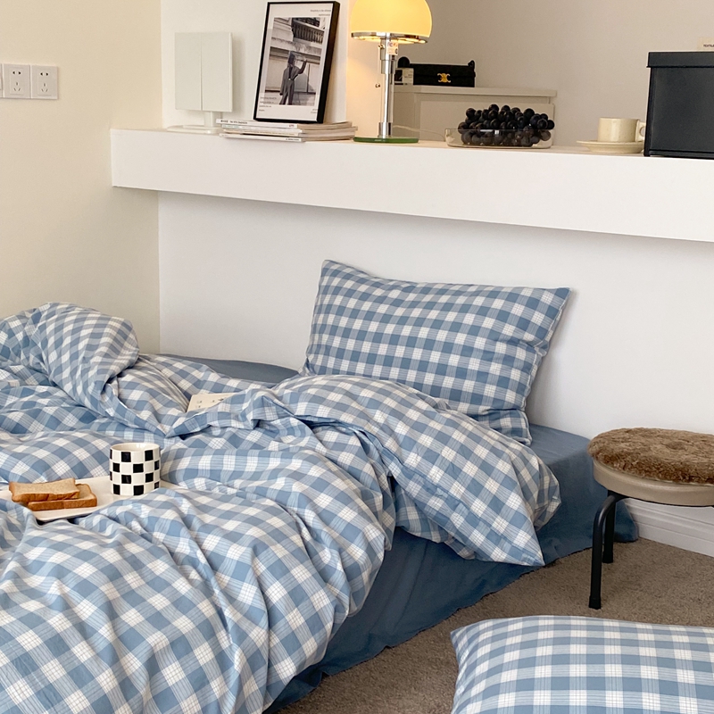 日式色织四件套全棉水洗棉被单床笠款纯棉被罩格子春秋季三件套