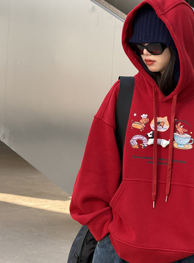 冷大娘 秋冬男女中大童新年加绒套头卫衣长袖上衣红色年服亲子款