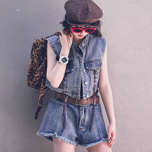 冷大娘男女中大童水洗牛仔马甲宽松洋气百搭街拍背心上衣外套亲子