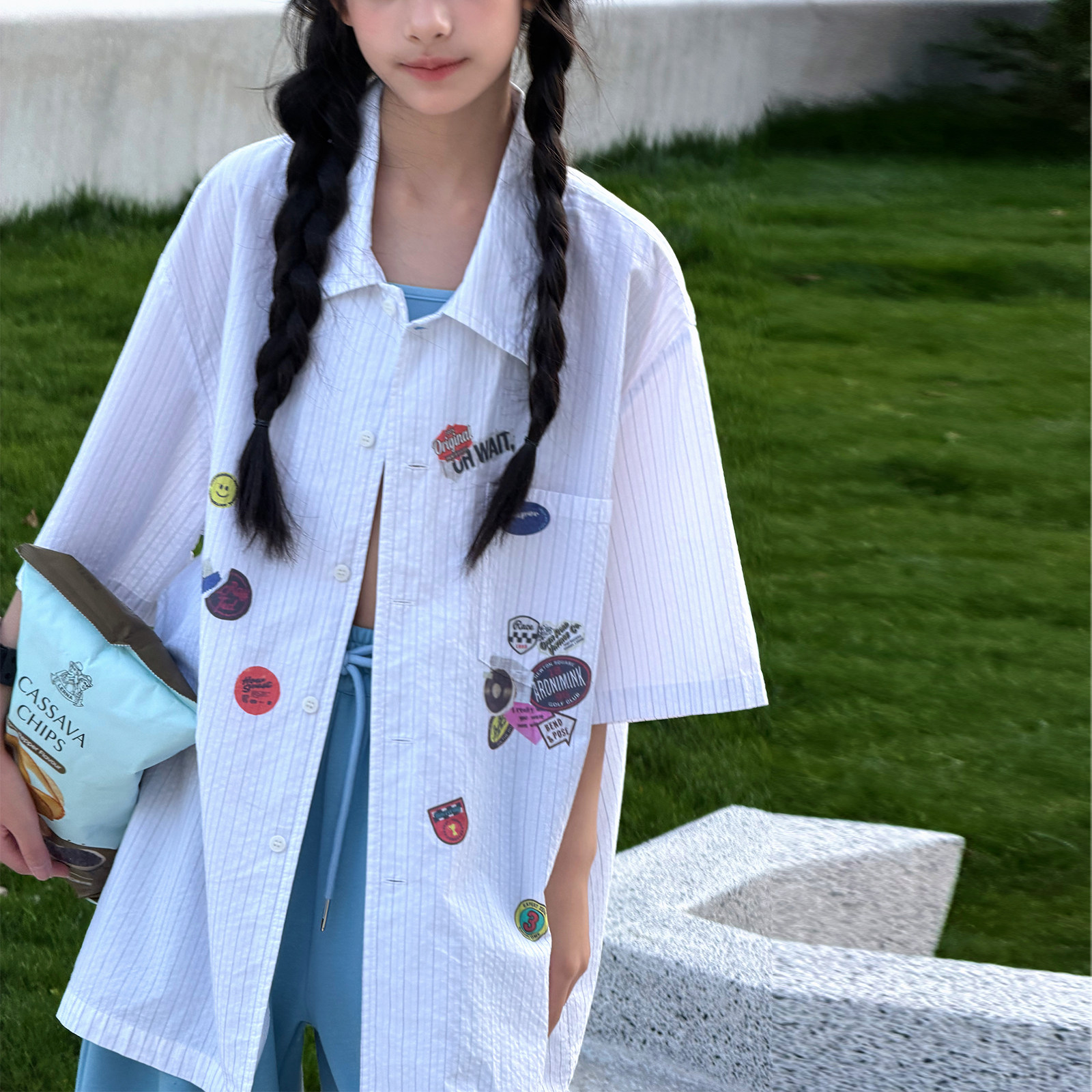 冷大娘 男女中大童棉清新印花衬衫薄款短袖休闲宽松衬衣亲子款
