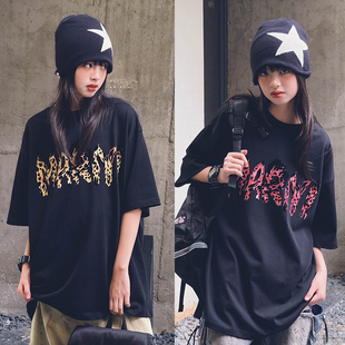 冷大娘 男女中大童重工立体印花植绒短袖宽松T恤欧美风街舞演出服