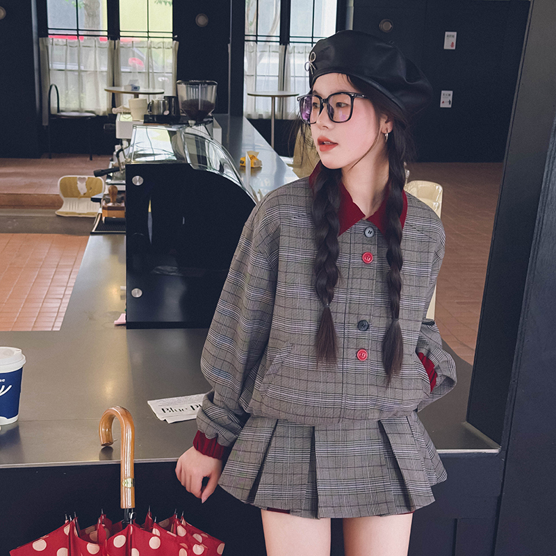 冷大娘 中大童格子学院风校服套装宽松外套显瘦百褶裙裤套亲子款