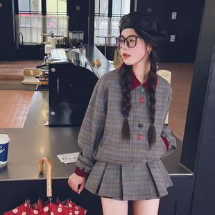 套亲子款 宽松外套显瘦百褶裙裤 中大童格子学院风校服套装 冷大娘