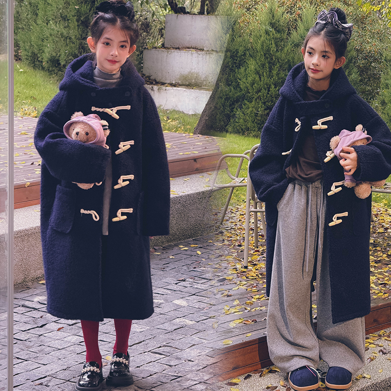 冷大娘中大童秋冬毛呢牛角扣大衣