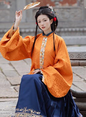 好狮发生系列立领短袄橙色织金缎面帝尧汉服翻领