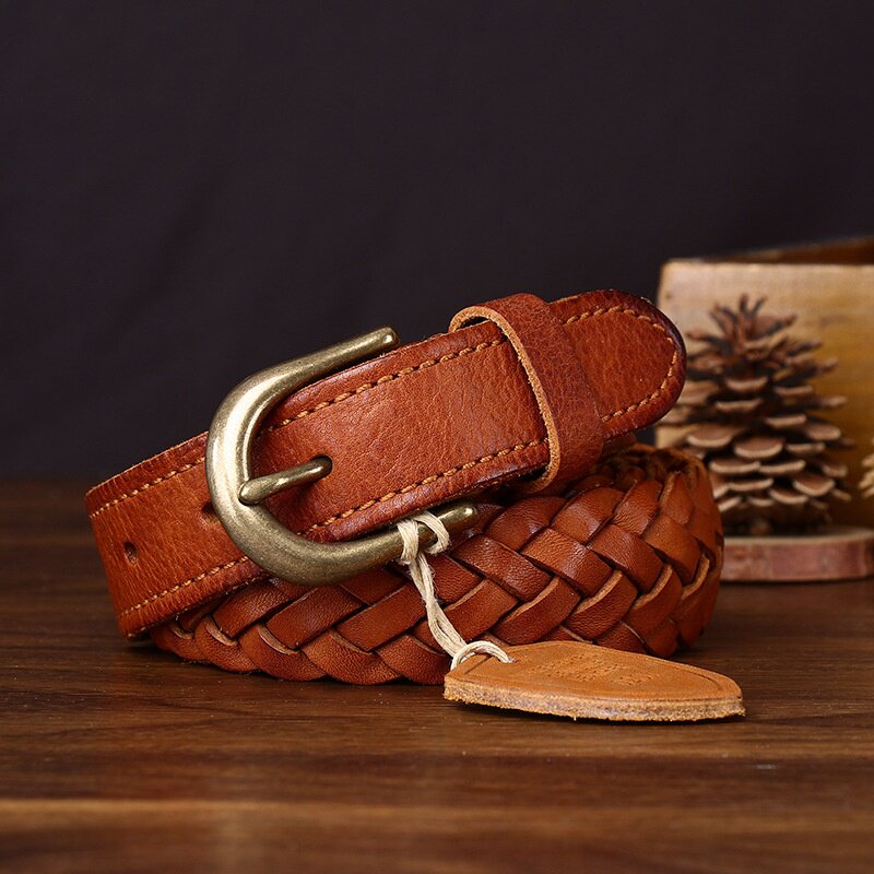 新款真皮手工编织皮带女真皮头层牛皮百搭复古编制休闲牛仔裤腰带