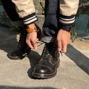 VR兔爷8320黑色马腰皮伞兵靴高帮手工固特异马丁靴工装 靴男机车靴