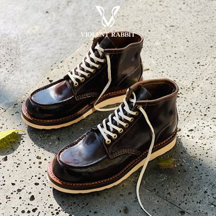 VR兔爷 马臀皮875工装靴男雪茄色水洗复古高帮莫卡辛鞋手缝固特异
