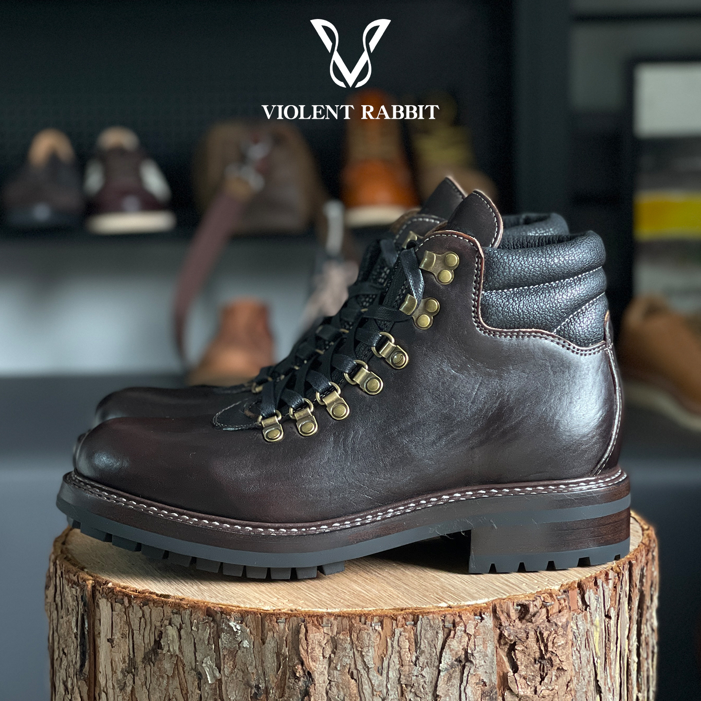 VR兔爷高配异形工装靴咖色马腰皮360°双线手缝沿条高帮男鞋短靴