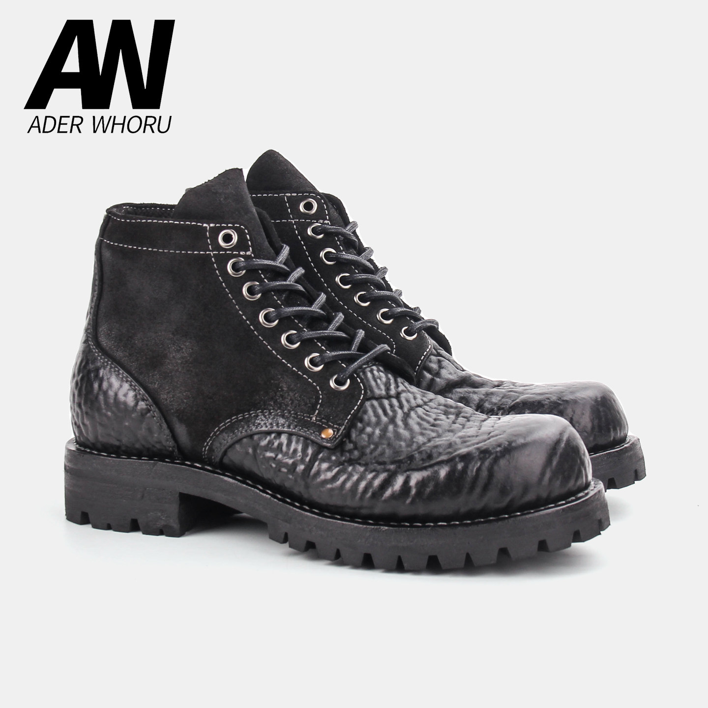 ADER WHORU[黑曜]小方头矿工靴暗黑先锋马臀皮手工固特异水洗做旧