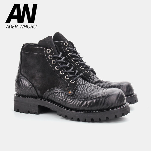 ADER WHORU[黑曜]小方头矿工靴暗黑先锋马臀皮手工固特异水洗做旧