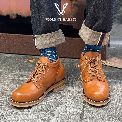 VR兔爷高支线马腰皮黄棕色A01工装靴中帮皮底手缝沿条固特异男鞋