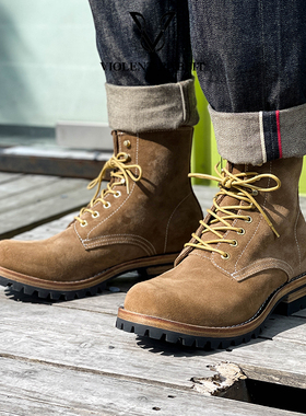 VR兔爷8孔马丁靴男棕色反绒皮美式硬汉风工装鞋真皮高帮机车靴子
