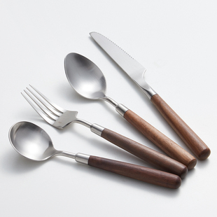 米立风物黑胡桃木手柄甜品勺复古304不锈钢西餐餐具3件套牛排刀叉