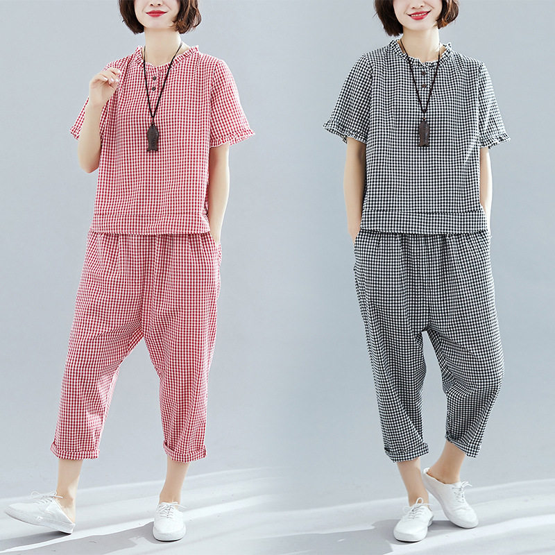 3棉绸套装夏人造棉睡衣女绵绸格子大码纯棉家居服休闲可出门年轻薄