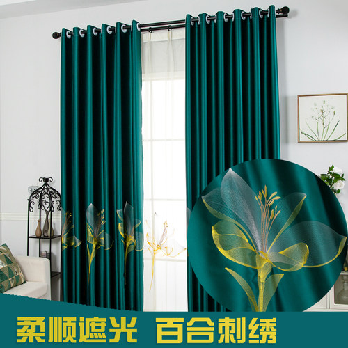 新款简约风仿真丝百合落地窗帘