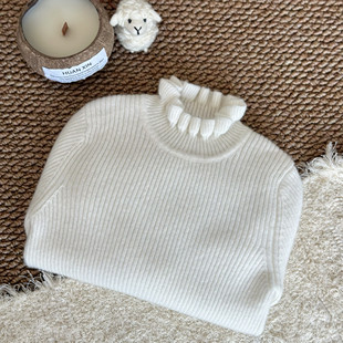 胡氏纯羊绒加厚轻柔保暖贴身童装儿童针织女孩白色木耳领弹力毛衣