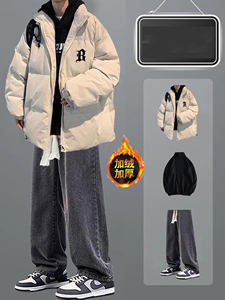 冬季棉衣男士套装潮牌立领棉服学生保暖搭配牛仔裤痞帅加厚三件套