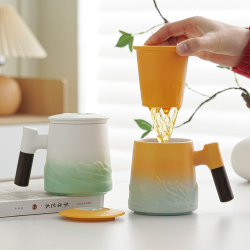 国庆轻奢陶瓷马克茶杯带盖大容量办公杯茶水分离泡茶杯定制礼盒装 - 封面