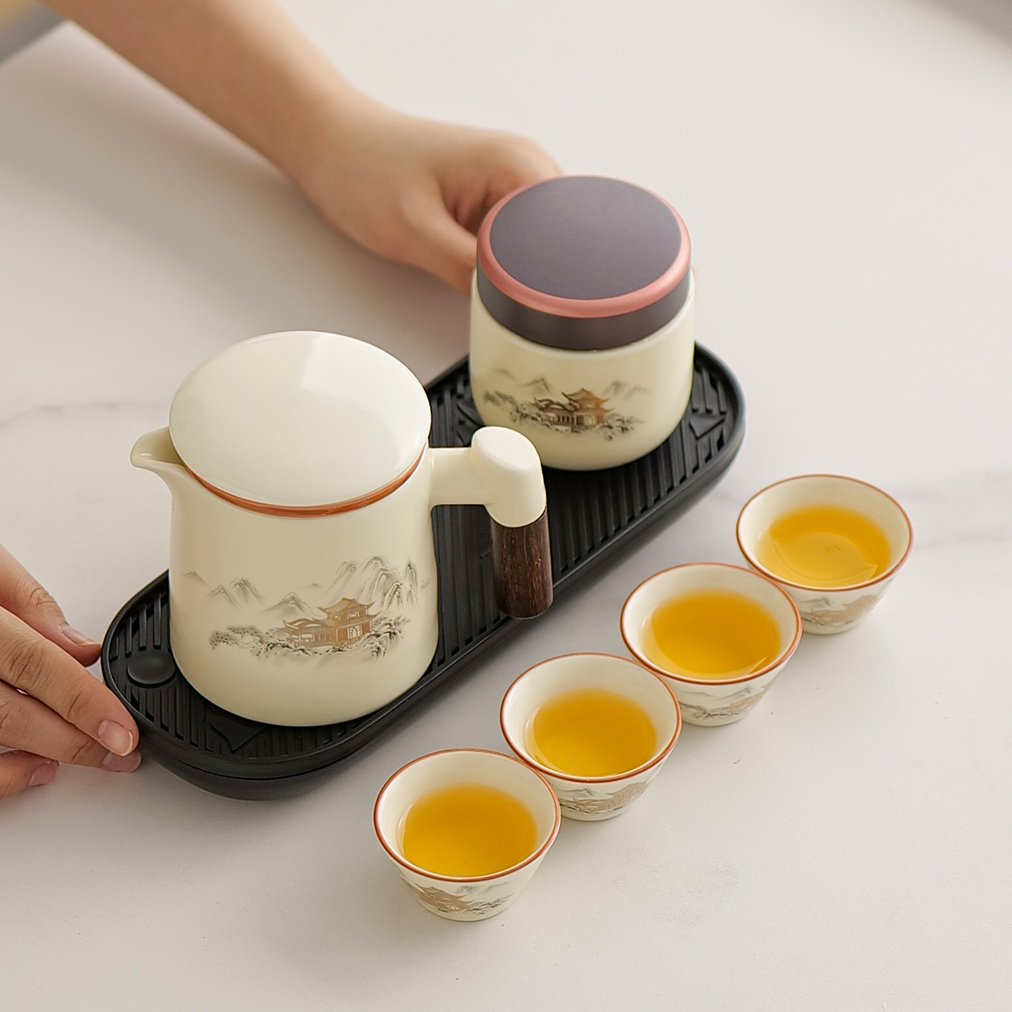 轻奢高档黄汝窑旅行茶具一壶四杯大容量泡茶壶茶杯开片定制礼盒装