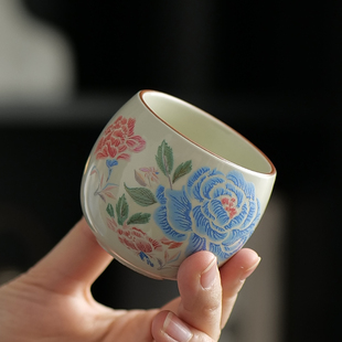 高档刺绣牡丹陶瓷主人杯汝窑开片可养个人单杯功夫茶杯茶盏礼盒装