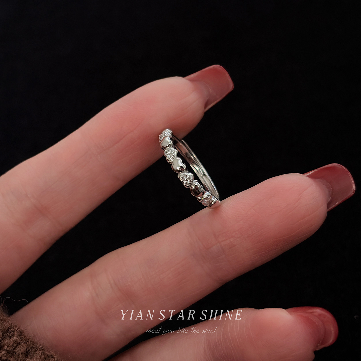 S999足银爱心戒指女开口轻奢