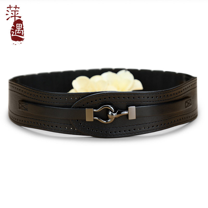 腰封女真皮头层牛皮黑色装饰百搭宽腰带配裙毛呢大衣风衣松紧皮带