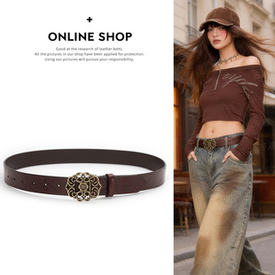 美式复古皮带女士真皮牛皮时尚百搭咖色宽腰带配裙子辣妹牛仔裤带