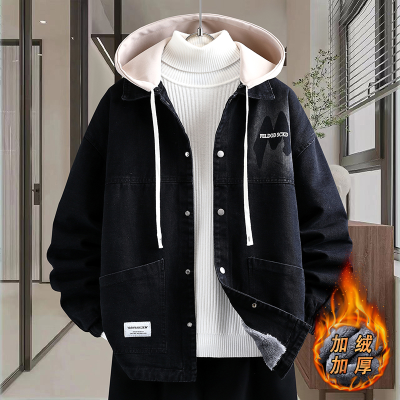 青少年加绒加厚牛仔裤男孩派克服