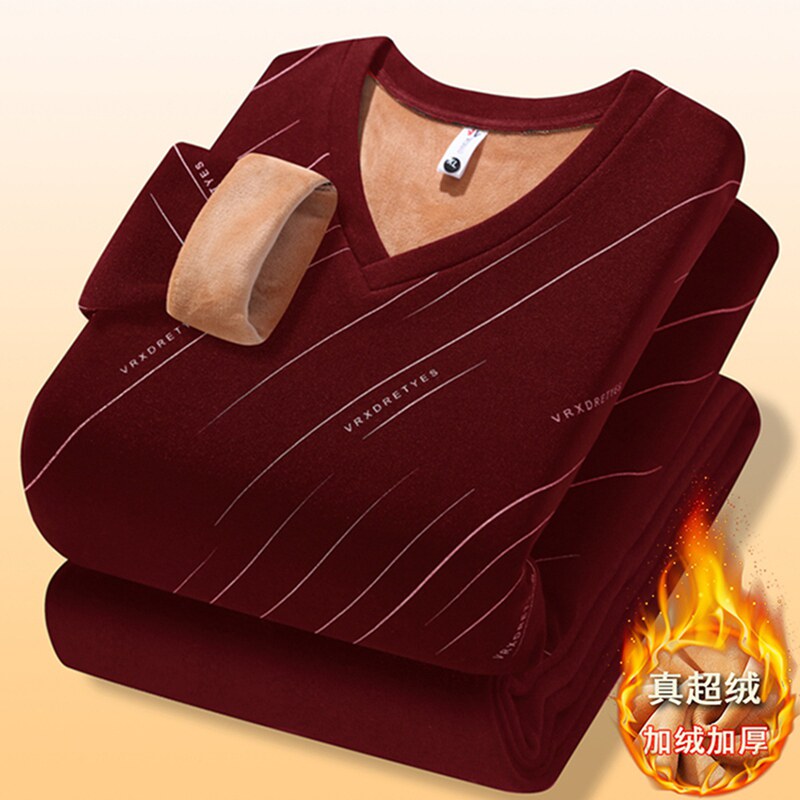 冬季加绒加厚V领保暖内衣男孩12-15岁初中学生13青少年14大童套装